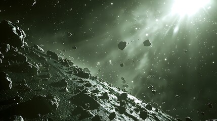 Fototapeta premium A stunning view of an asteroid field, with rocks of various sizes illuminated by distant starlight, viewed from an orbiting probe, vibrant and detailed,