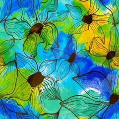 Abstract Line Drawing Wavy Hibiscus Flower Leaves Seamless Textile Upholstery Pattern with Digital Paint Watercolor Tie Dye Batik Background