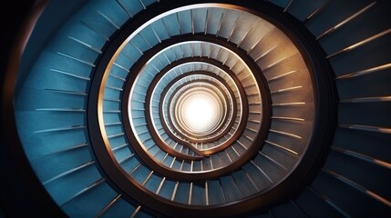 Fototapeta premium Abstract illuminated circular staircase with ascending spiral steps.