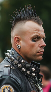 a tough guy in leather clothes having a mohawk hairstyle. punk. generative ai