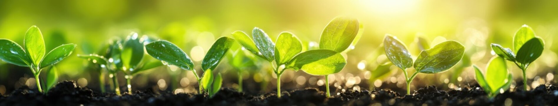 Soybean seedlings grow healthy in a sunlit field during spring