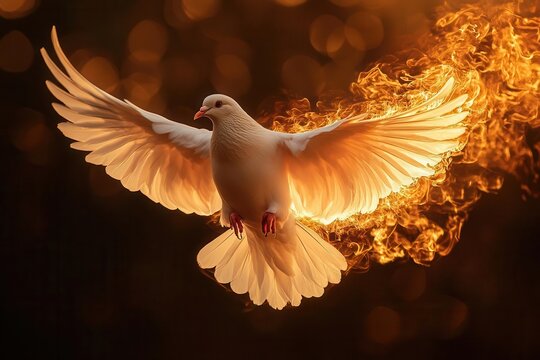 ethereal white dove in flight trailing blazing fire wings against dark background symbolic representation of holy spirit