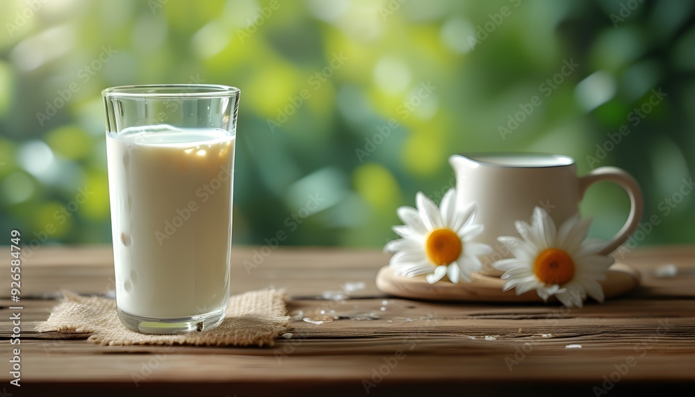 Wall mural next to a cup of cold milk are blooming daisies, creating a fresh and natural atmosphere.