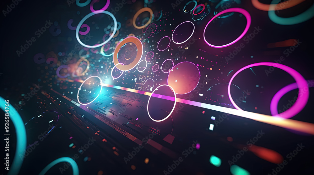 Poster Technology abstract background with hud styled round interface elements in neon tech light.