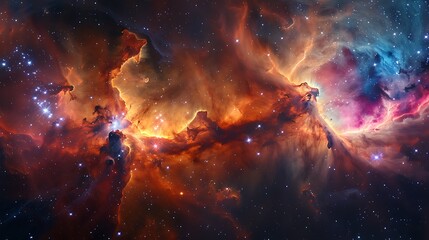 A vast cloud of gas and dust in space, with stars forming within, light filtering through the cosmic fog, vibrant and dynamic colors, viewed from an interstellar probe,