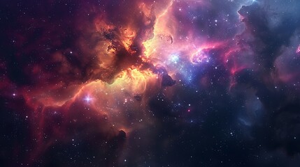 A vast cloud of gas and dust in space, with stars forming within, light filtering through the cosmic fog, vibrant and dynamic colors, viewed from an interstellar probe,