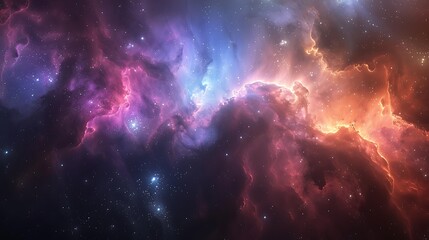 Fototapeta premium A vast interstellar cloud of gas and dust in space, with stars forming within, light filtering through the ethereal mist, vibrant colors of blue, purple, and pink, viewed from a nearby star system,