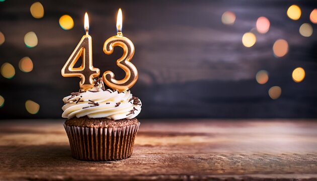 Forty-third birthday celebration with a yummy cupcake decorated with number 43 candles. It's on a wooden surface, with space for a message.