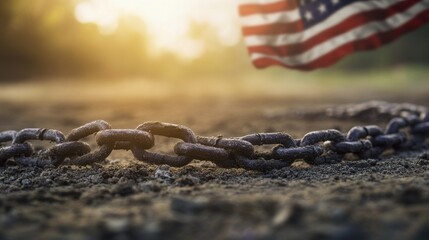 A broken chain lying on the ground with the American flag fluttering in the background, symbolizing the breaking of oppression and the triumph of freedom and independence