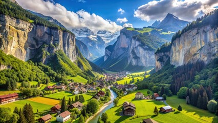 Aerial view of Lauterbrunnen valley in Swiss Alps on a sunny day, Switzerland, Lauterbrunnen, Alps, Valley, Scenic, Landscape