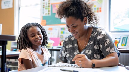 Obraz premium A Teacher Providing One-on-One Assistance to a Student at Their Desk. Students in classroom