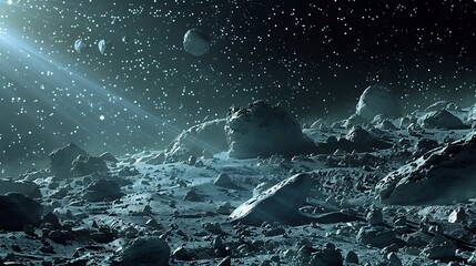 An asteroid field filled with large and small rocks, illuminated by distant starlight, viewed from a nearby moon, ethereal glow and shadows,