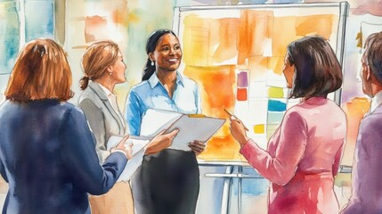 Obraz premium Diverse Professionals Engaged in Learning at a Watercolor Business Workshop