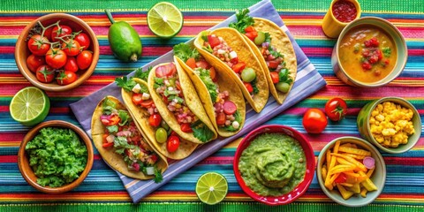 Fototapeta premium Delicious Mexican dinner with tacos, guacamole, salsa, and margaritas on a colorful tablecloth, fiesta, Mexican cuisine