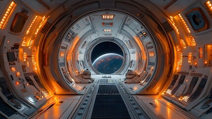 Spaceship Corridor View With Planet Earth.