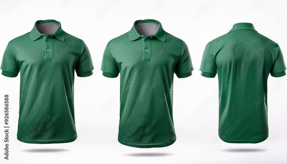 Wall mural Green polo t-shirt front view shown in three different positions on a white background.