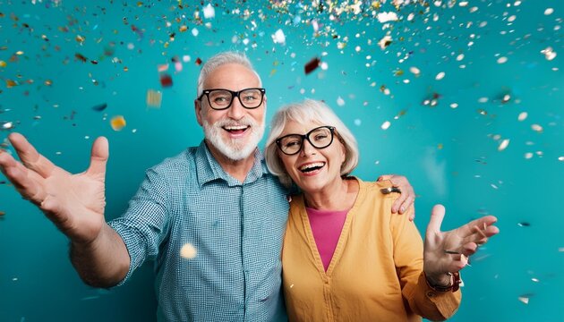 Happy laughing senior couple women and man with glasses and falling confetti on teal blue background. Modern old guy with smile celebrating at party. Winning Lottery. Generative AI.