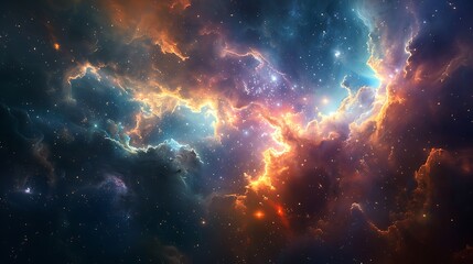 An interstellar cloud with swirling gas and dust, stars forming within, light breaking through the mist, vibrant and dynamic colors, seen from a distant moon,