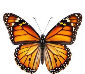 Fototapeta premium Vibrant monarch butterfly with open wings isolated on pure white background