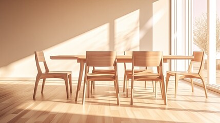 A modern dining area featuring a wooden table and chairs with natural light.