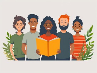 Diverse Group of People Reading a Book Together in a Modern Illustrated Style with Plants in the Background