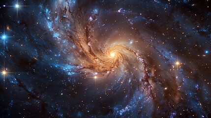 An intricate spiral galaxy, with bright stars, colorful gas clouds, and swirling dust, seen from a space observatory, dynamic and vibrant,