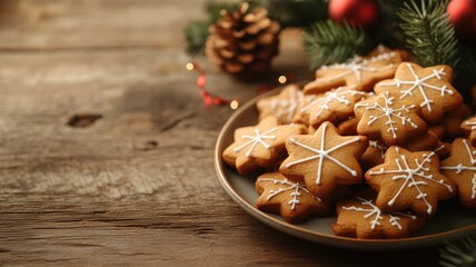 Delicious holiday cookies decorated with icing, served on a rustic plate, evoking a warm and festive Christmas atmosphere.