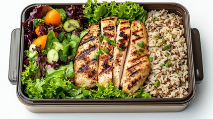 A clean eating lunch box with grilled chicken, brown rice, and mixed greens, isolated on white background, more clarity with clear light and sharp focus, high detailed