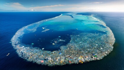 Huge island of plastic waste in the ocean, known as the Great Pacific Garbage Patch or Plastic Island.