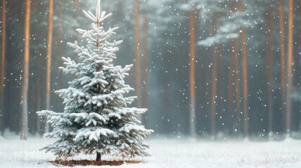 A lone Christmas tree covered in snow stands in a quiet wintery forest with gentle snowfall, evoking a serene holiday atmosphere.