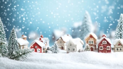 Snow-covered miniature Christmas village with tiny houses and trees, set against a serene, snowy background.
