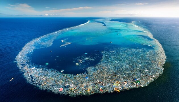 Huge island of plastic waste in the ocean, known as the Great Pacific Garbage Patch or Plastic Island.