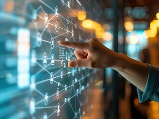 Hand Interacting with Futuristic Digital Interface Displaying Network Connections and Data Points