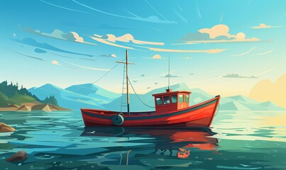 Fishing boat on lake, flat design, front view, serene theme, animation, Complementary Color Scheme