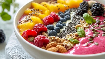 Vegan smoothie bowl with a colorful assortment of fruits, nuts, and seeds, beautifully presented in a white bowl, more clarity with clear light and sharp focus, high detailed