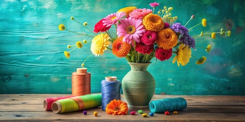 Vibrant floral still life with colorful threads, knitting, and a vase , flowers, arrangement, craft, sewing, yarn, decoration