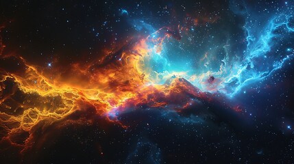 Fototapeta premium Expanding gas clouds and debris from a supernova explosion, seen from an orbiting probe, vibrant and dynamic colors, capturing the explosive beauty and awe-inspiring nature of this celestial event.