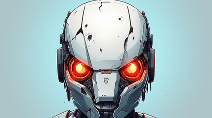 A futuristic robotic head with glowing red eyes and a sleek design.