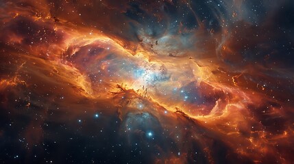 Obraz premium Inside a nebula, where new stars are being born, bright colors and intricate gas formations, viewed from a distant star system, glowing clouds and sparkling stars,