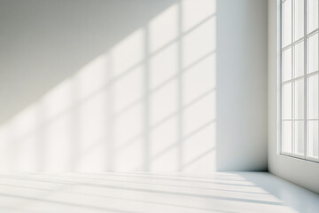 A large window in a white room with a wall behind it
