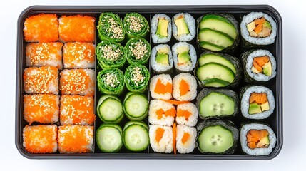 Ready-to-eat vegan sushi bento box with a variety of rolls, including avocado, cucumber, and carrot, isolated on white background, more clarity with clear light and sharp focus, high detailed