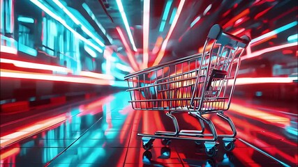 A shopping cart stands in a neon-lit corridor with colorful light trails creating a dynamic, energetic atmosphere - Powered by Adobe