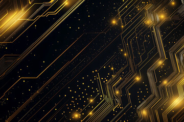Fototapeta premium A modern abstract design featuring gold lines and dots representing network science and technology on a high-tech dark background. Ideal for templates, web design, and presentations
