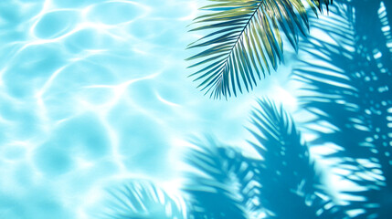 Palm tree leaves against a bright blue sky with ocean waves and sunny weather, capturing a tropical beach scene with clear skies and vibrant nature