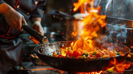 Chef hands keep wok with fire. Closeup chef hands cook food with fire.
