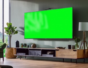 Modern loft apartment with a large TV and green screen on a stand. The spacious, cozy living room has an empty chroma key placeholder on the TV.