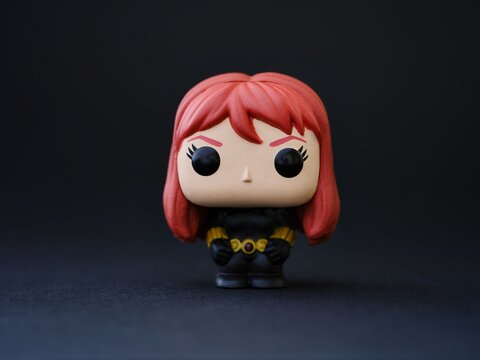Tambov, Russian Federation - August 10, 2024 Black Widow Funko POP Mini Vinyl Figure on a black background.