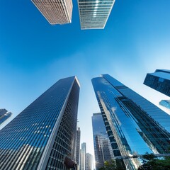 Overlooking a city's business district reveals towering skyscrapers stretching towards the clear blue sky.