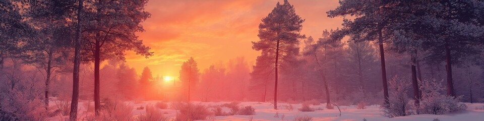 A snowy forest with a sunset in the background. The sky is orange and pink, and the snow is falling. Scene is peaceful and serene, as the snow covers the trees and the sun sets in the distance