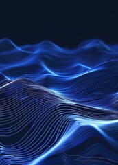 Abstract digital artwork featuring flowing blue lines on a dark background, creating a futuristic wave pattern.
